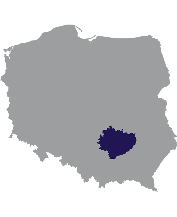 Landkaart Polen grijs met Woiwodschap Święty Krzyż donkerblauw op transparante achtergrond - 600 * 733 pixels